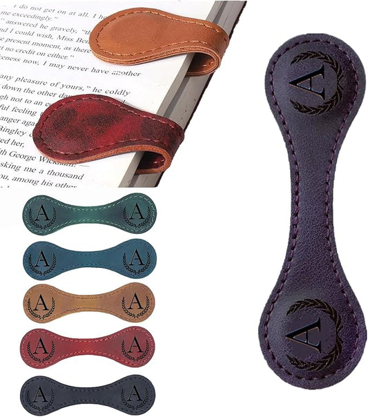 Personalized Magnetic Leather Bookmark, 26 Letters Custom Leather Bookmarks, Handmade, Leather Magnetic Bookmark for Book Lovers Readers Women Kid(Purple，A）