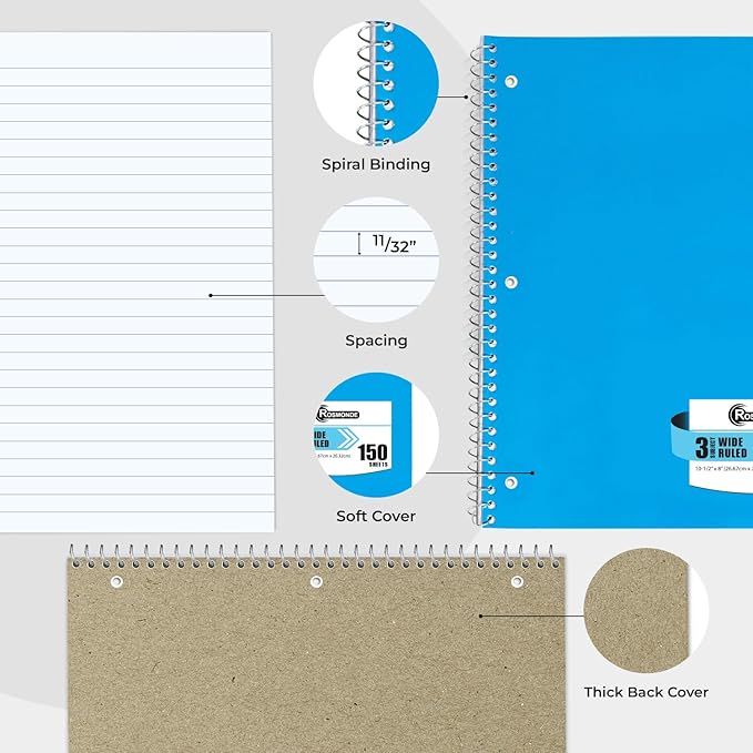 720 Packs (Pallet) 3 Subject Notebooks, Spiral Notebook Bulk, Wide Ruled, Pallet of Notebooks, 150 Sheets (300 pages), 8 x 10-1/2", Bulk Spiral Notebooks for School & Office, 4-7 Days Transit