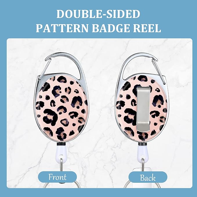Badge Reels Retractable，Double Sided Color Print Pattern Retractable Badge Holders，with Retractable Keychain, Badge Clip and Key Ring，Durable Nylon Retractable Rope，Leopard Print