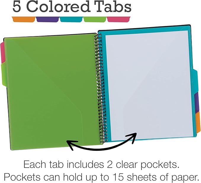 Samsill 10 Pocket Poly Project Organizer with 5 Dividers, File Folders Letter Size, Customizable Front Cover, Inner Zipper Pouch, Erasable Write-On Tabs in Fashion Colors, Plastic Folders with Pockets