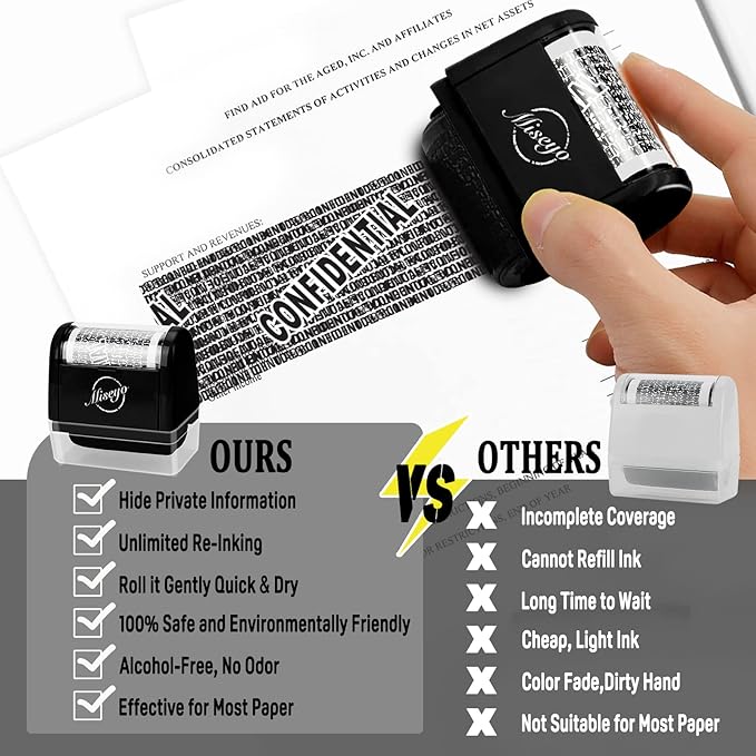 Miseyo Identity Theft Protection Roller Stamp Set - Black (3 Refill Ink Included)