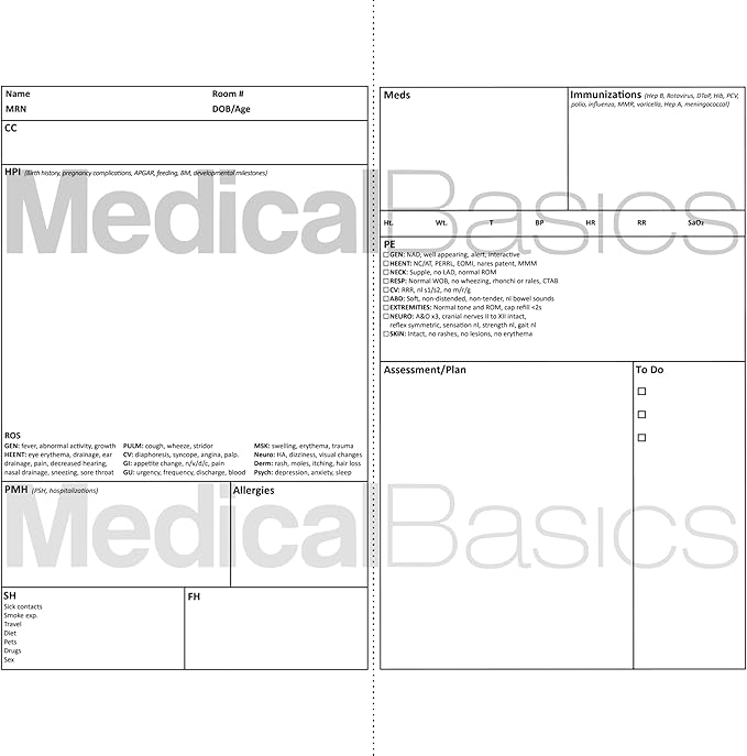 Pediatrics H&P Notebook Medical History and Physical notebook, 100 medical templates with perforations