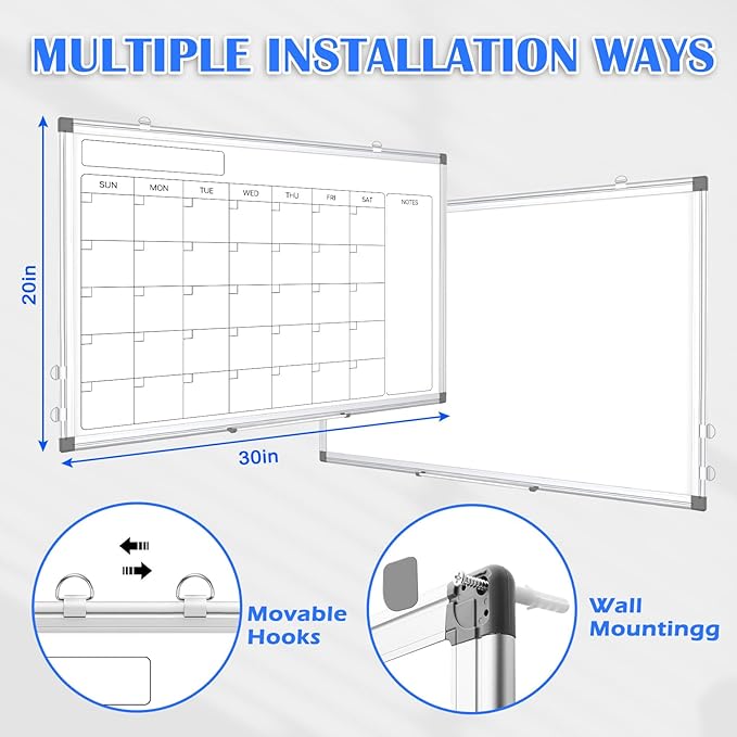 Monthly Calendar Dry Erase Whiteboard for Wall, 30" x 20" Double-Sided Large Calendar White Board, Magnetic Portable Hanging Board for Office, Home, School