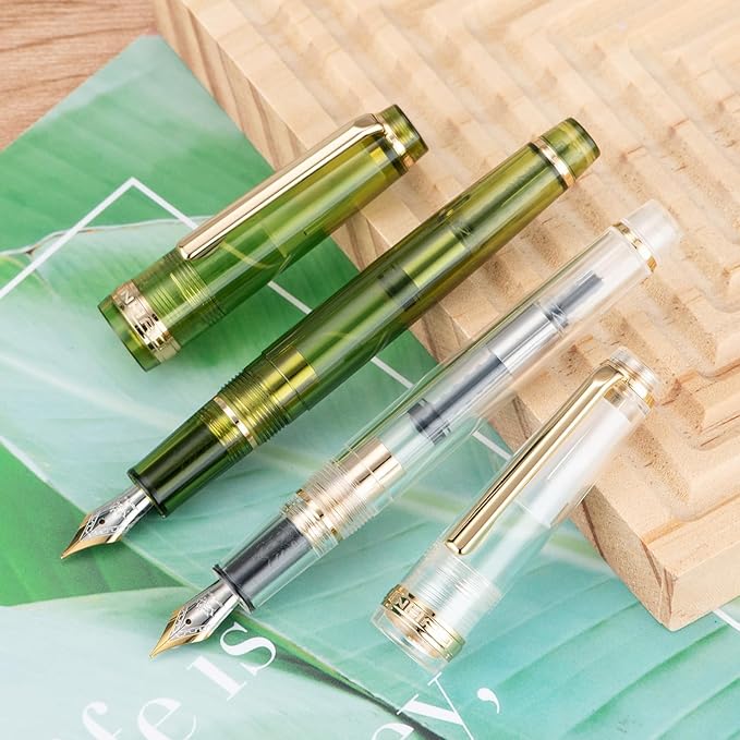 Jinhao 82 Acrylic Fountain Pen, Iridium Bent Nib with Ink Converter, Transparent Olive Green Classic Design Calligraphy Pen (Gold Trim)