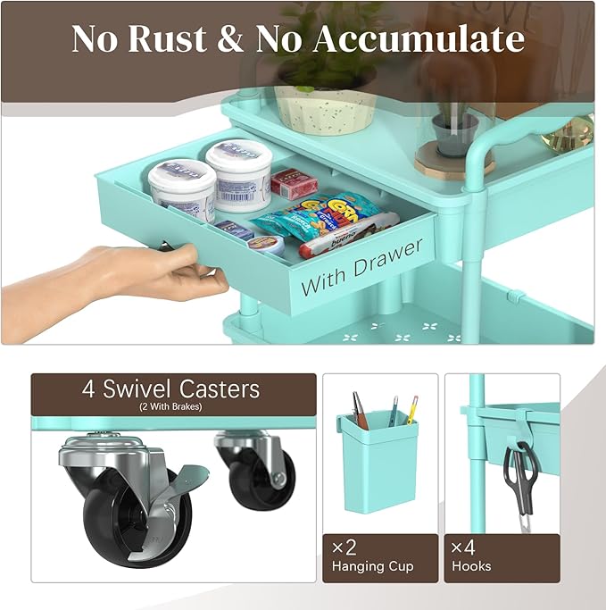 Rolling Utility Cart with Drawer 3 Tier, Utility Storage Organizer with Plastic Shelf & Lockable Wheels Multifunctional Storage Cart for Kitchen, Bathroom, Office, Living Room, Blue
