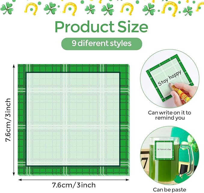 9 Pieces St. Patrick's Day Plaid Sticky Notes Green St. Patrick's Day Plaid Note Pads Self-Adhesive Irish Memo Notes for School Office Home Supplies Students Teachers Present St. Patrick's Day