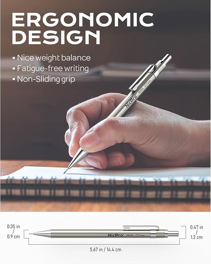 Nicpro 2 PCS 0.7 mm Metal Mechanical Pencils Set, Drafting Pencil for Artist Writing, Sketching, Drawing, with 4 Tubes HB Lead Refill & Erasers, Erasers Refills & Storage Case