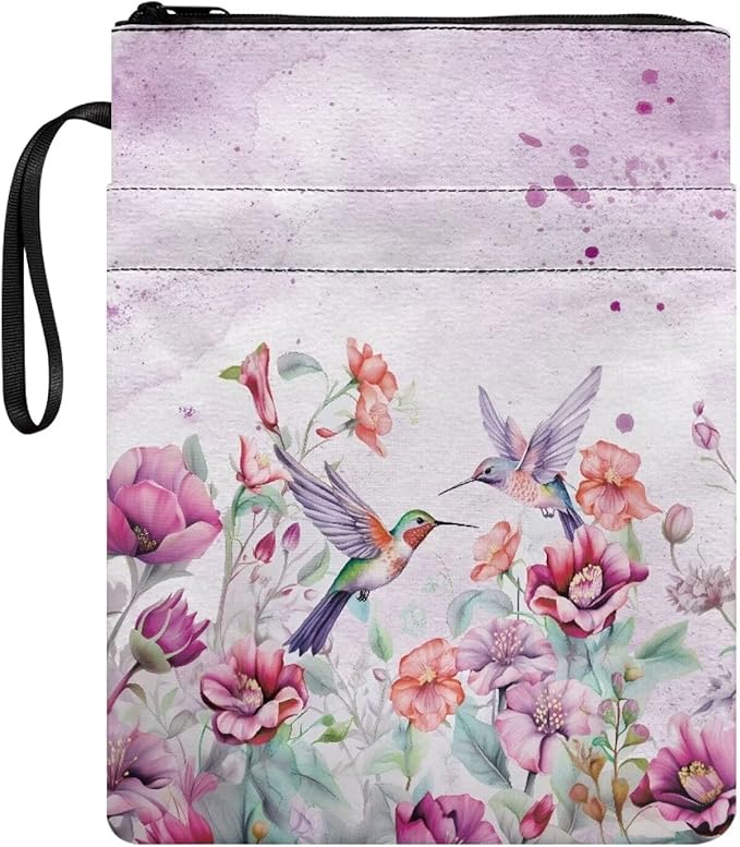 COEQINE Hummingbirds Book Covers for Bibles Hardcover Purple Floral Book Sleeves with Zipper Washable Protector Book Lovers Book Cloth