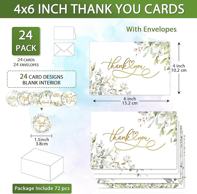 24 Pack Watercolor Thank You Cards with 24 Envelopes 24 Stickers 6 Designs Gold Letter Greeting Note Cards Thank You Notes Round Envelope Seal Stickers for Wedding Graduation(Fresh Style)
