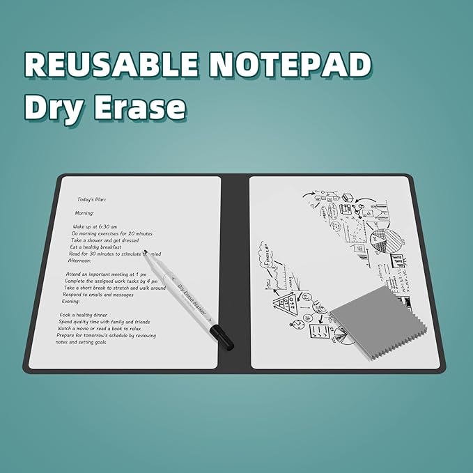 Portable Dry Erase Board,Reusable Whiteboard Notebook, Double-Sided White Board PU Cover 9.5"x6.6" with Marker,Wipe Cloth (Black)