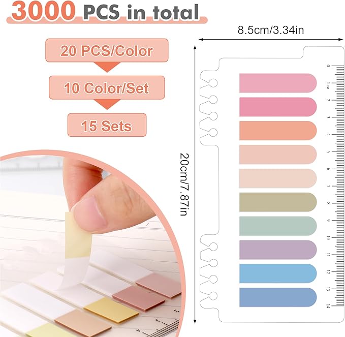 3000Pcs Sticky Tabs with Ruler, 15 Pack Index Tabs, Post It Sticky Notes, Repositionable Book Flags Strip Index Tabs Clear Page Markers for Office School Reading Highlights Classifying
