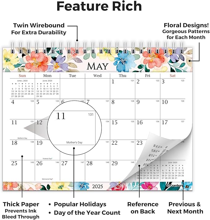 CRANBURY Standing Desk Calendar 2025 8x6 (Floral), Small Stand Up Calendar with Gorgeous Flower Designs, Compact Monthly Flip Popup Desktop Calendar