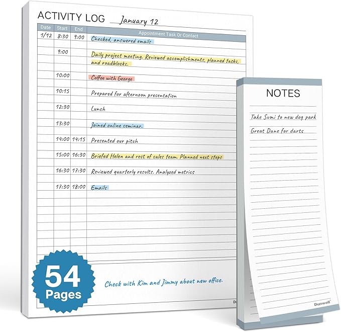 Dunwell Activity Log Notepad (8.5x11"), 54 Sheets, Time Sheet Log Book Note Pad, Undated Desktop Planner Pad for Daily Tasks, Desk Planner Task Log for Home or Office