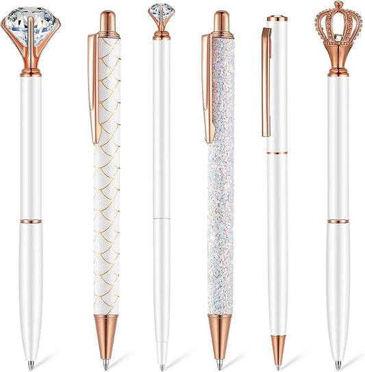 6 Pcs Ballpoint Pens Set Metal Crystal Diamond Pen for Journaling Glitter Pretty Cute Stationery Black Ink Fancy Gifts for Women Girls Teacher Office Wedding School Supplies(White)