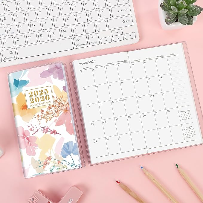 Pocket Calendar 2025-2026, Floral Monthly Planner 2025-2026 - 3.7" x 6.7" - Runs from January 2025 Until December 2026, Pocket Calendar 2025 with PVC Cover for Organizing & Planning