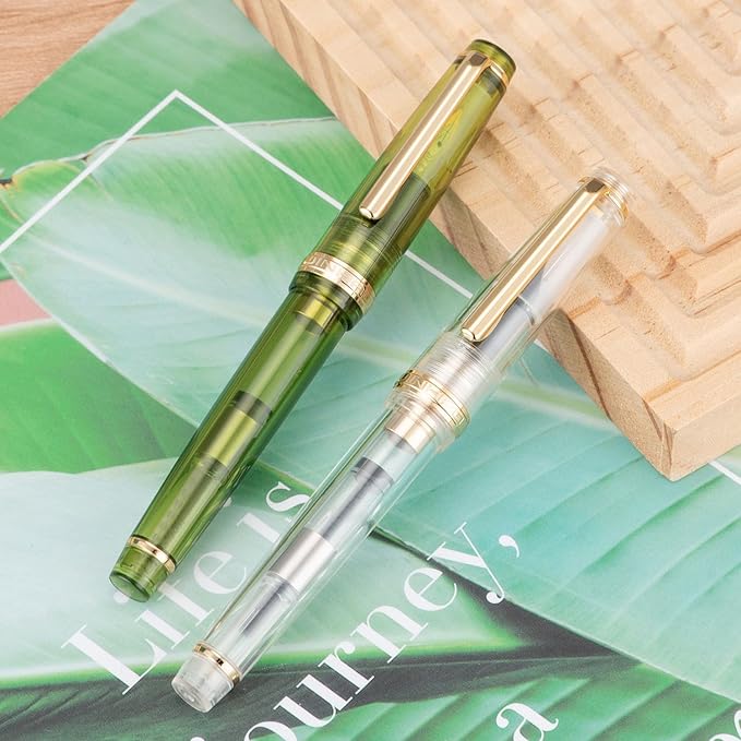 Jinhao 82 Acrylic Fountain Pen, Iridium Fine Nib with Ink Converter, Transparent Olive Green Classic Design Smooth Writing Pen (Gold Trim)