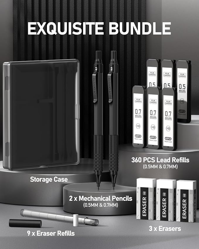 Four Candies 2PCS Metal Mechanical Pencils Set with Case, 0.5mm & 0.7 mm Artist Pencil with 6 Tubes (360PCS) HB Lead Refills, 3 Erasers,9 Eraser Refills For Writing Drafting, Drawing, Black