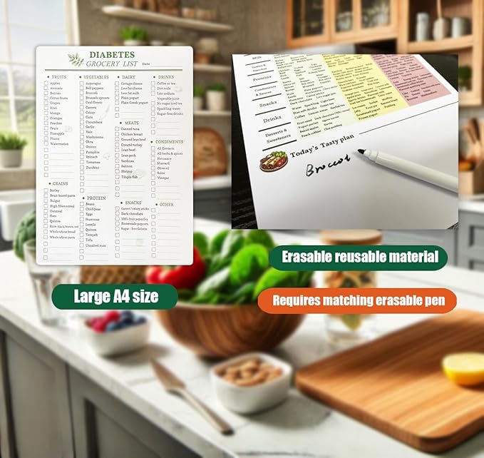 Reusable Diabetes Grocery Shopping List Food Chart & Meal Planner and Glycemic Index Diabetes Management | Double Sided Erasable material A4 size