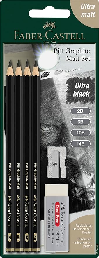 Faber-Castell Pitt Graphite Matte Pencil Set, Sketching Set of 4 Graphite Pencils and Sketching Supplies (2B, 6B, 10B, 14B), Sketching and Drawing Pencils, Pencil Sharpener and Eraser