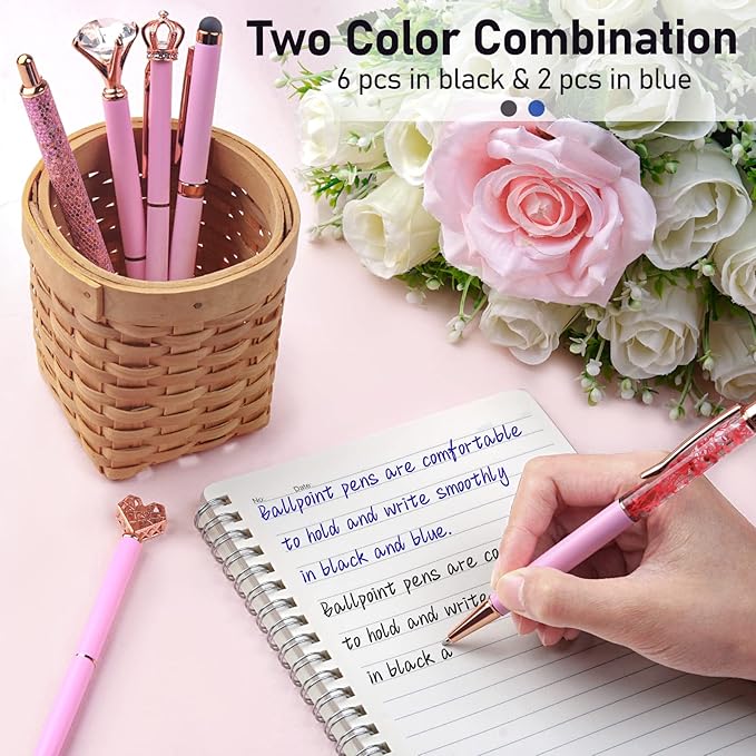 WEMATE 8Pcs Ballpoint Pens Set Metal Crystal Diamond Glitter for Journaling Pink Pen Bling in Black & Blue Ink Pretty Cute Fancy Gifts for Women Wedding School Office Desk(Pink)