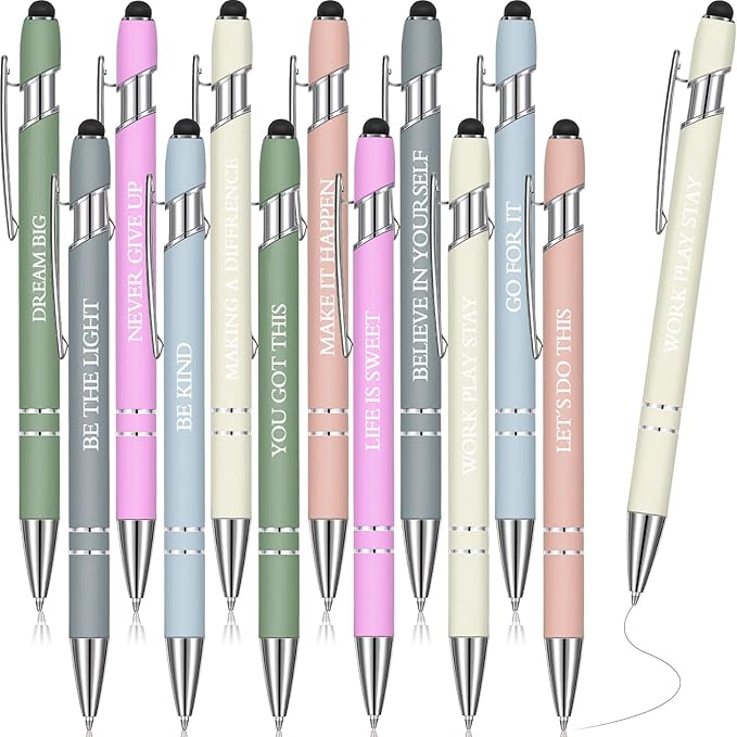Zonon 12 Pieces Inspirational Pens Bulk Easter Basket Stuffers Motivational Quotes Ballpoint Pens with Stylus Tip Inspirational Gifts for School Office Teachers(Morandi,Motivational Style)