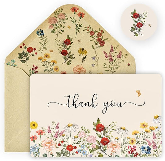 Artoid Mode 36 Pack Wildflower Thank You Cards Vintage Flower Greeting Cards Gift With Envelope Sticker Blank Note Cards for Birthday Wedding Baby Shower Bridal Shower, 4 x 6 Inch