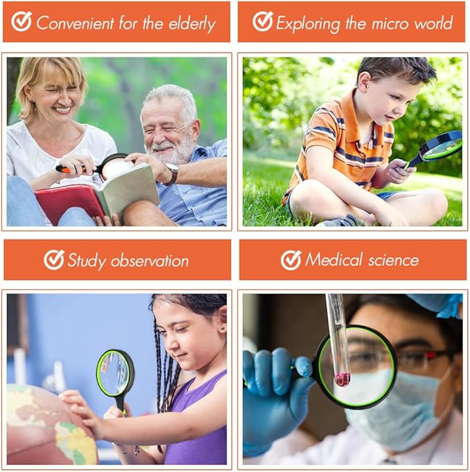 Leffis 3 Pack Magnifying Glass, 10X Non-Slip Handheld Reading Magnifier for Kids and Seniors, 75mm Magnifying Glass Lens for Reading, Classroom Science, and Nature Exploration