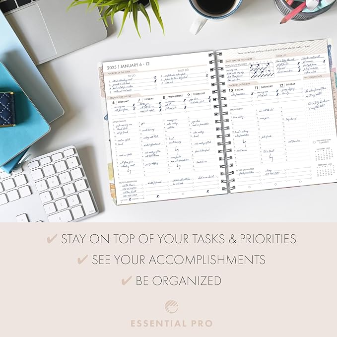 Essential PRO 2025 Daily, Weekly & Monthly Planner, 7"x9": 14 Months (Nov 2024 - Dec 2025) Monthly Tabs,Daily Tracking,Notes Pages,Storage Pocket,Bookmark w Sticky Notes (Watercolor Butterflies)