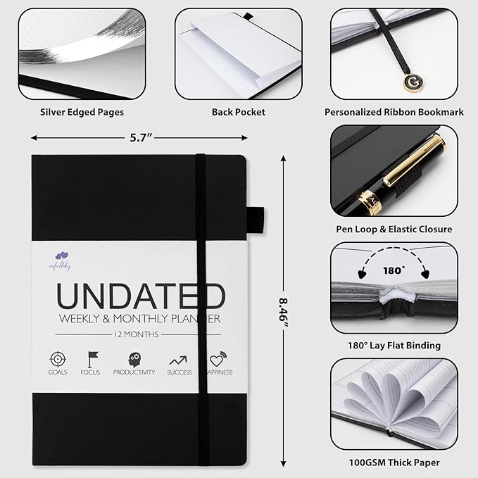 Undated Weekly and Monthly Planner, Cofullsky Weekly To Do List Planner Notebook with Unique Lettering Ribbon A5 Size Personalized Present Suitable for Women Men Teachers Kids (Letter Z)