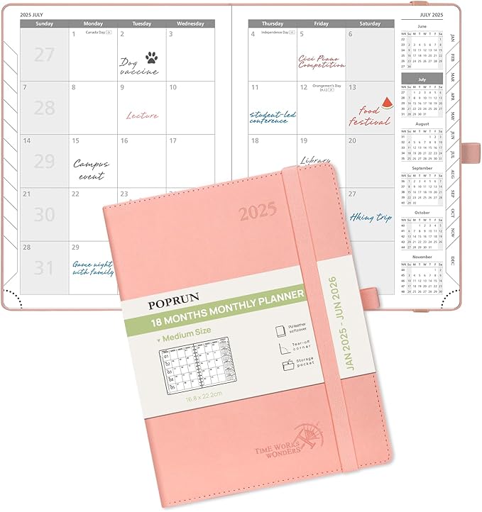 POPRUN Monthly Planner 2025-2026 (Medium- 6.5'' x 8.5'' Soft Cover), 18-Month Calendar Book (January 2025-June 2026), Calendar Planner with Monthly Tabs & Pocket, 100 GSM Paper - Pink