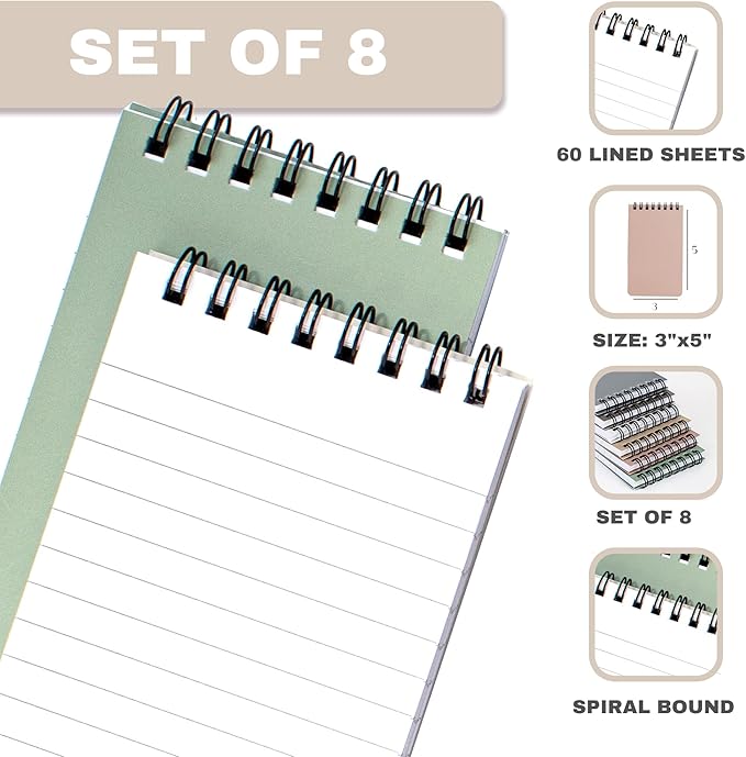 ZICOTO Aesthetic Pocket Notebooks Set Of 8 - Small 3x5 Spiral Notepads With Lined Pages - The Perfect Little Mini Note Pads to Stay Organized and Boost Productivity at Work or School