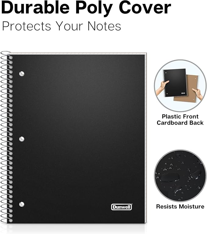 Dunwell Graph Paper Notebook 8.5 x 11 (3-Pack Red Blue Black) Plastic Cover, 100 Sheets (200 Pages), Perforated 3-Hole Punched, 4x4 Squares, Spiral Notebook, 1/4" Grid, Divider with Pockets