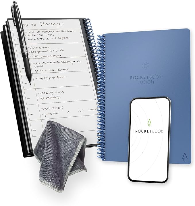 Rocketbook Fusion Reusable Undated Productivity Planner, Executive Size 6x8.8, Steel Blue - Goals, Monthly and Weekly Calendar, Daily To-do List, Lined and Dotted Notes Pages