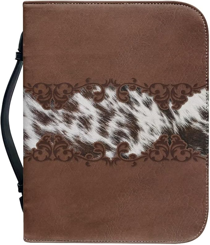 Vintage Cow Print Leather Bible Cover Bible Cover Cases for Church Studying Pouch Bible Tabs Carrier Pen Holder Multi Pocket Bible Bag M-2XL
