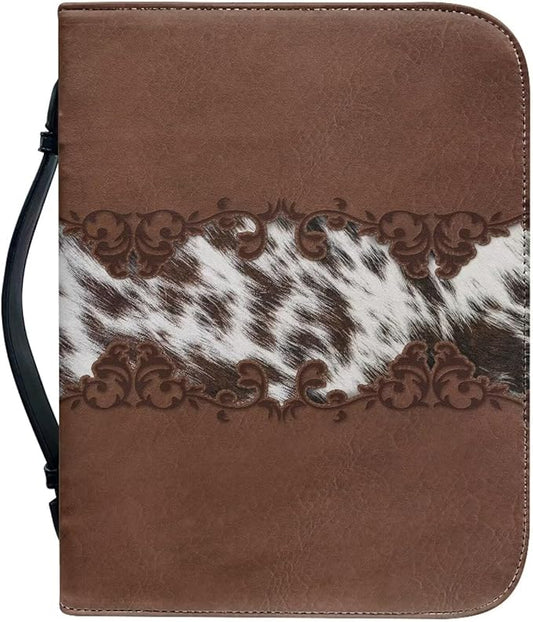 Vintage Cow Print Leather Bible Cover Bible Cover Cases for Church Studying Pouch Bible Tabs Carrier Pen Holder Multi Pocket Bible Bag M-2XL