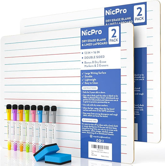 Nicpro Dry Erase Lap Board 12 x 16 inches 2 Pack Ruled Kid Double Sided Blank & Lined Small Lapboard with 8 Pens, 2 Eraser, Learning Mini Whiteboard Portable for Student and Classroom Use