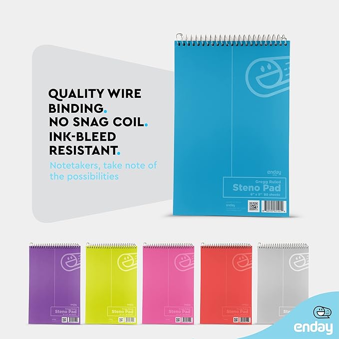 Enday Steno Pads Spiral 6x9 12 Pack, Gregg Rule White Paper, 80 Sheets Steno Notebook for writing in Pink, Purple, Green, Blue, Red, Grey, Multicolor