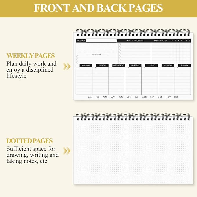 Weekly Planner, Black Undated Planner with Habit Tracker & Weekly Priorities, 6.3'' x 11.2'', To Do List Notebook with Dotted Pages for Organizing