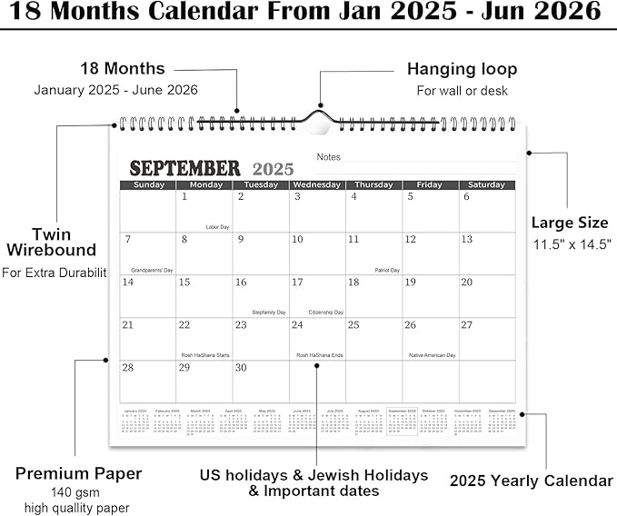2025 Calendar - 18 Monthly Wall Calendar from Jan. 2025 - Jun. 2026,Large Calendar(11.5'' x 14.5''),2025 Wall Calendar with Notes and yearly calendar, Black