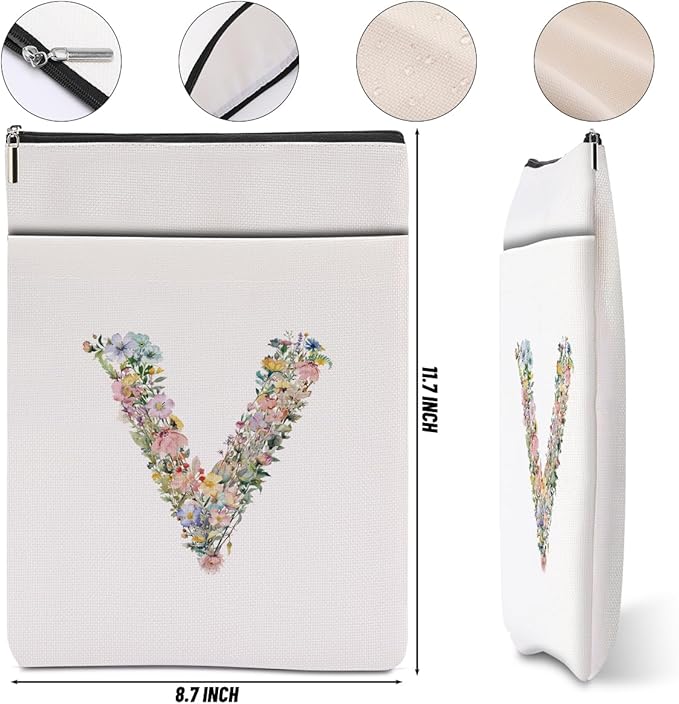 Monogrammed Book Sleeve Floral V Initial Book Pouch Book Accessories Book Lovers Gifts Waterproof Book Cover Book Protector Bookish Gifts Personalized Gifts for Women Girls Readers Bride Sister