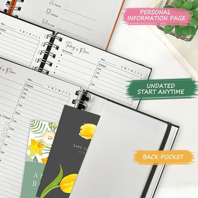 Undated Daily Planner,Undated Planner with Hourly Schedules, Daily Organizer Notebooks for work, Spiral Appointment Planner for Men and Wome, To Do List Notebook for Time Management, Elastic Closure, Pocket(Navy Blue)