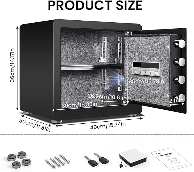 Kavey 1.6 Cub Safe Box, Home Safe with Backlit Touch Screen Keypad and Dual Alarm System, Money Safe With Mute Function and LED Light, Safe for Money Documents Valuables