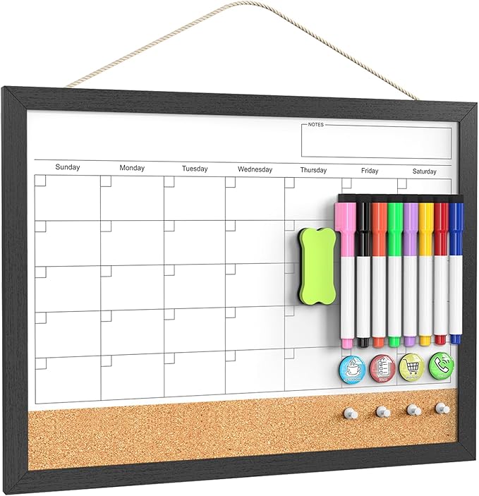 Dry Erase Calendar for Wall, 17"x13" Dry Erase Calendar Cork Board Combo, Magnetic Small White Board with Wood Framed, Hanging Dry Erase Board for Planner Office Kitchen Home Memo