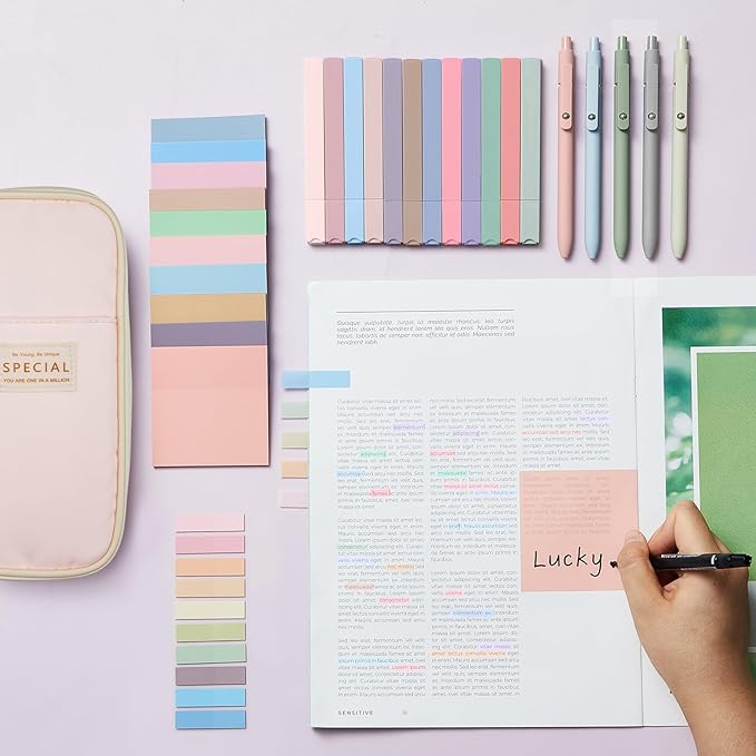 Jutom 39 Pcs Aesthetic Book Annotation Kit Pencil Case Bag with Highlighter Gel Pen 700 Sheets Transparent Sticky Notes Pads Index Tab Bible Study Supplies for School(Pink,Cute Style)