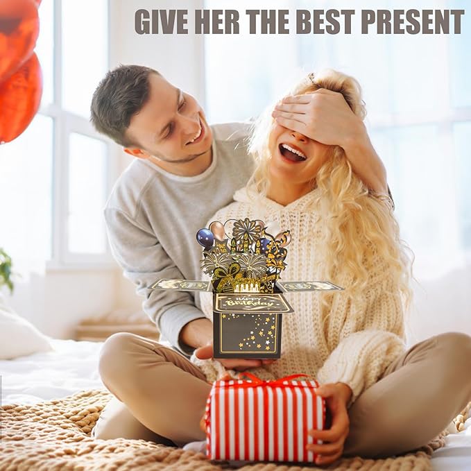 Surprise Pop Up Happy Birthday Cards, Lovely 3D Birthday Card for Adults and Kids with Envelopes, Unique Design Handmade Foldable Greeting Cards for Daughter, Son, Mom, Dad, Friend（Black）