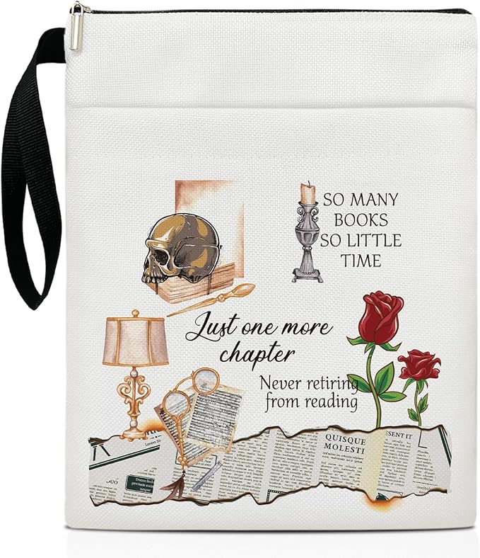 So Many Books So Little Time - Skulls and Roses Book Sleeve, Book Lovers Gifts Book Pouch Book Sleeve with Zipper and Front Pocket Reader Gifts Birthday Gifts for Adult Teen Teacher -04
