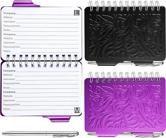 Zonon 2 Pcs Mini Password Book with Alphabetical Tabs Metal Password Keeper Book Portable Organizer Elegant Mandala Pattern Notebook with Pen, Spiral Bound for Information(Black, Purple)