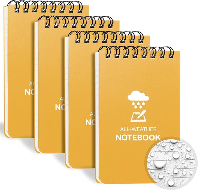 Waterproof Notebook, 4 Pack Top-Spiral Pocket Notepad, 3" x 5" Weatherproof NotePad, All Weather Police Pocket Notebook Little Memo Steno Note Pads for Outdoor Office School Recording, Black