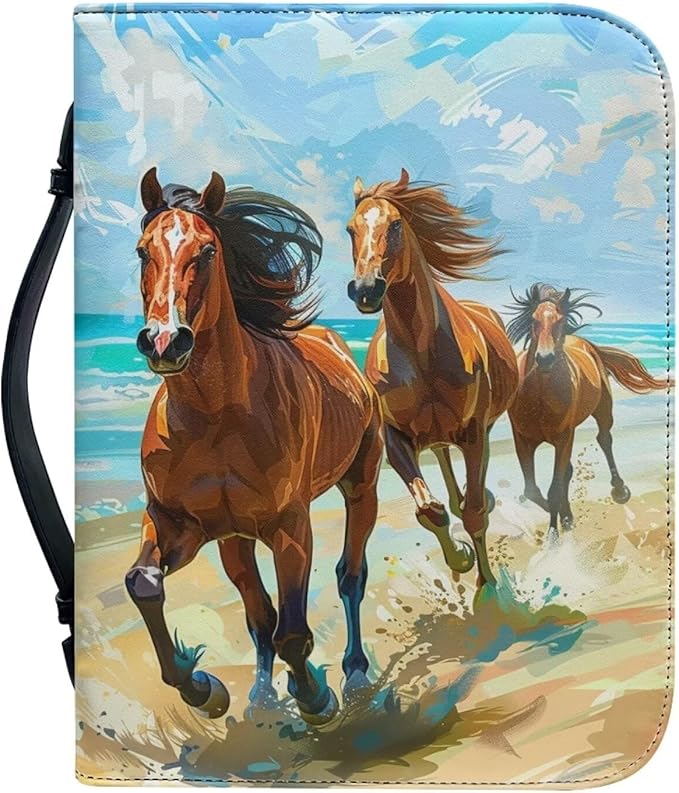 Lotusorchid Watercolor Horse Printed Bible Covers for Women Men PU Leather Bible Case Bible Bag Tote Book Carrying Case Christian Bible Accessories