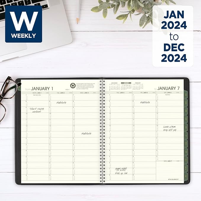 AT-A-GLANCE 2024 Weekly & Monthly Planner, Quarter-Hourly Appointment Book, 7" x 8-3/4", Medium, Recycled, Monthly Tabs, Black (70951G0524)